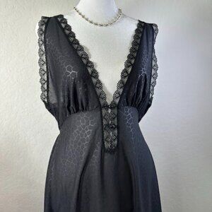Vintage 80s Lingerie Black Long Nightgown Lace Trim Animal Print Sz Large